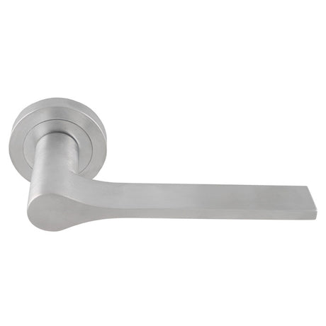 This is an image of a Manital - Vela Lever on Round Rose - Satin Chrome vv5sc that is availble to order from T.H Wiggans Ironmongery in Kendal.