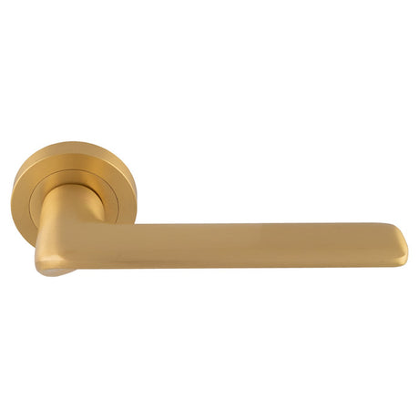 This is an image of a Manital - Vortex lever on rose - Satin Brass vx5sb that is availble to order from T.H Wiggans Ironmongery in Kendal.